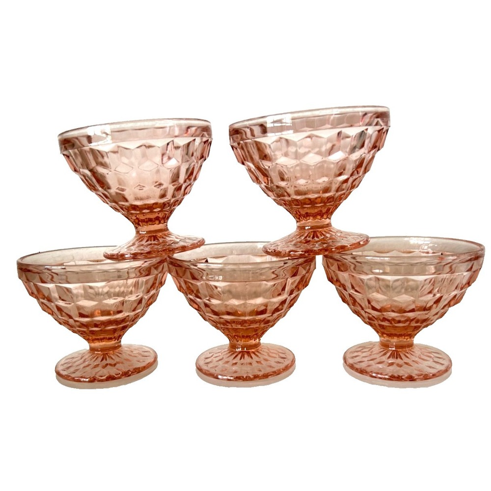 Jeannette Cubist Diamond Pink Champagne Coupe Sherbert Dessert Glass Foot Set 5